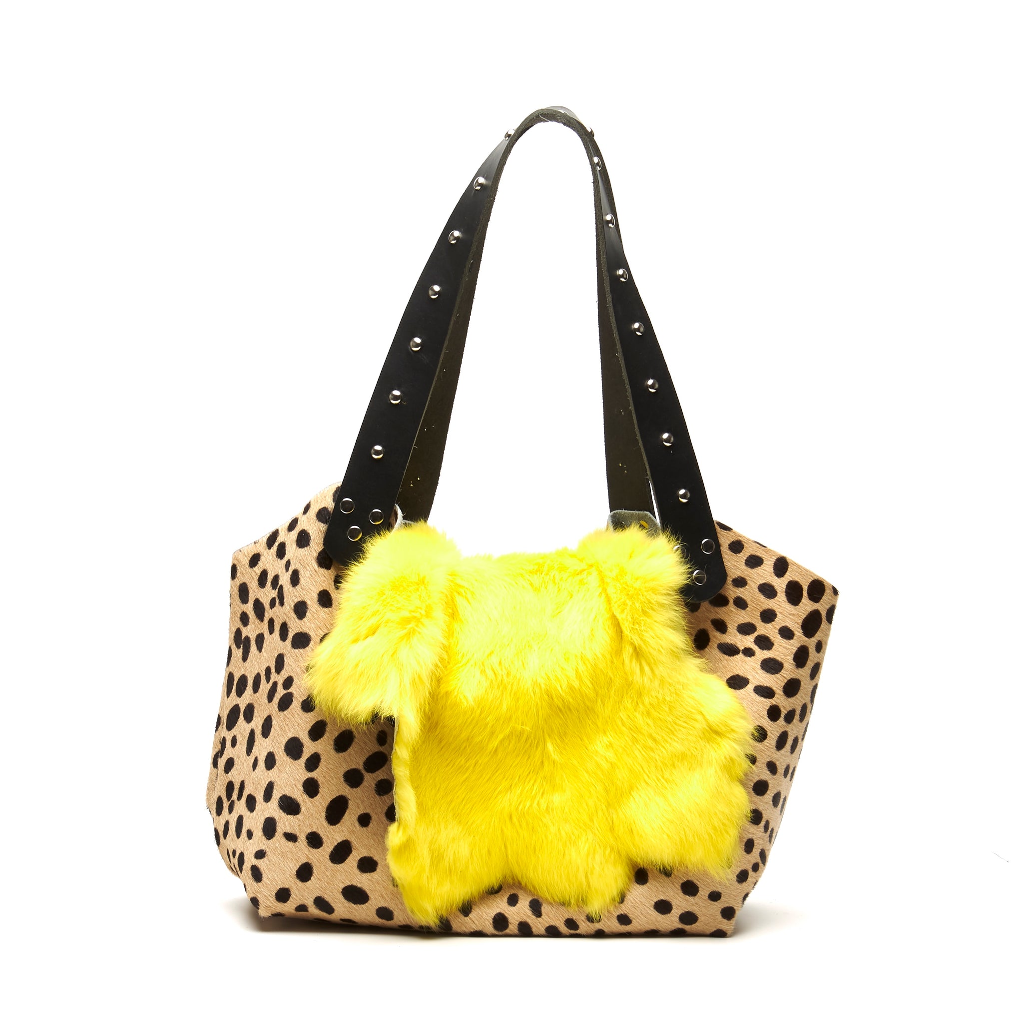 HAIR-ON COWHIDE LARGE TOTE BAG WITH CHEETAH PATTERN AND BRIGHTLY DYED FUR FLAP. by nyet jewelry.