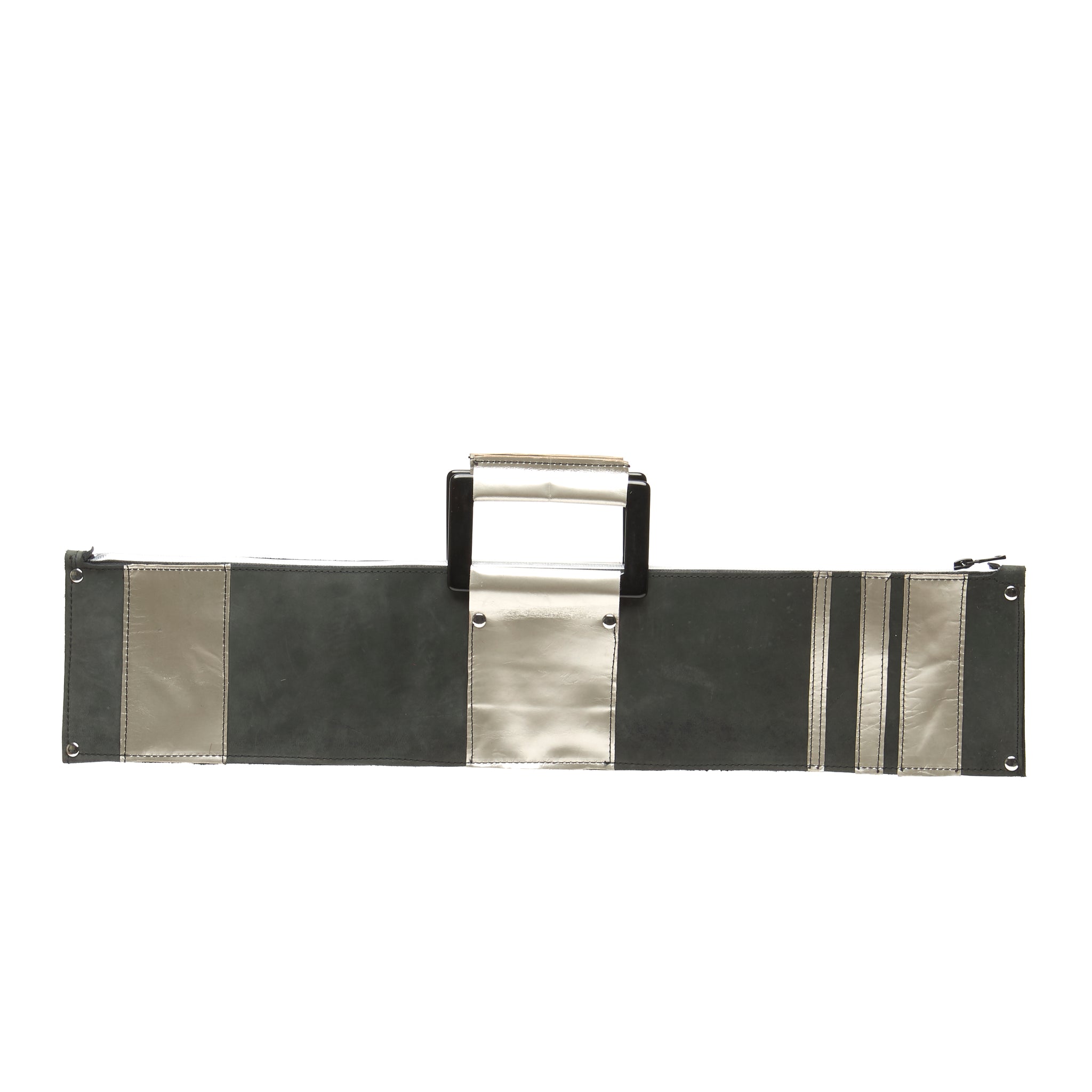 ZIPPERED 3XL MATTE GREY STONE OILED LEATHER CLUTCH WITH SILVER LEATHER ACCENTS AND STRIPES. by nyet jewelry.