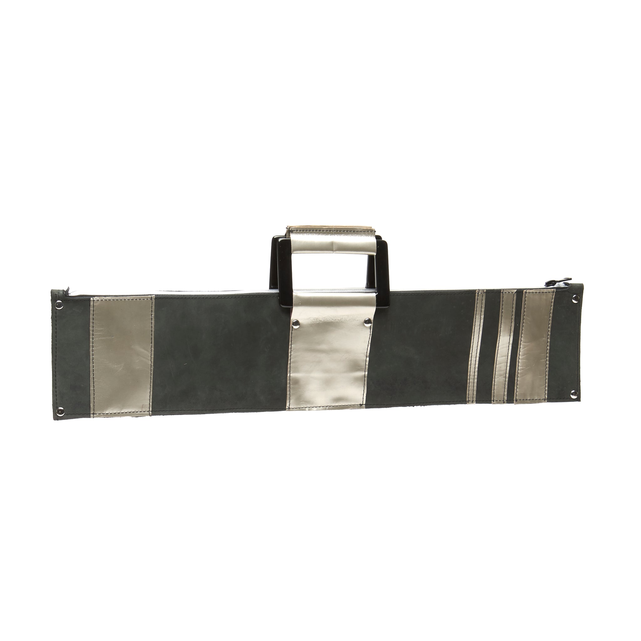 ZIPPERED 3XL MATTE GREY STONE OILED LEATHER CLUTCH WITH SILVER LEATHER ACCENTS AND STRIPES. by nyet jewelry.