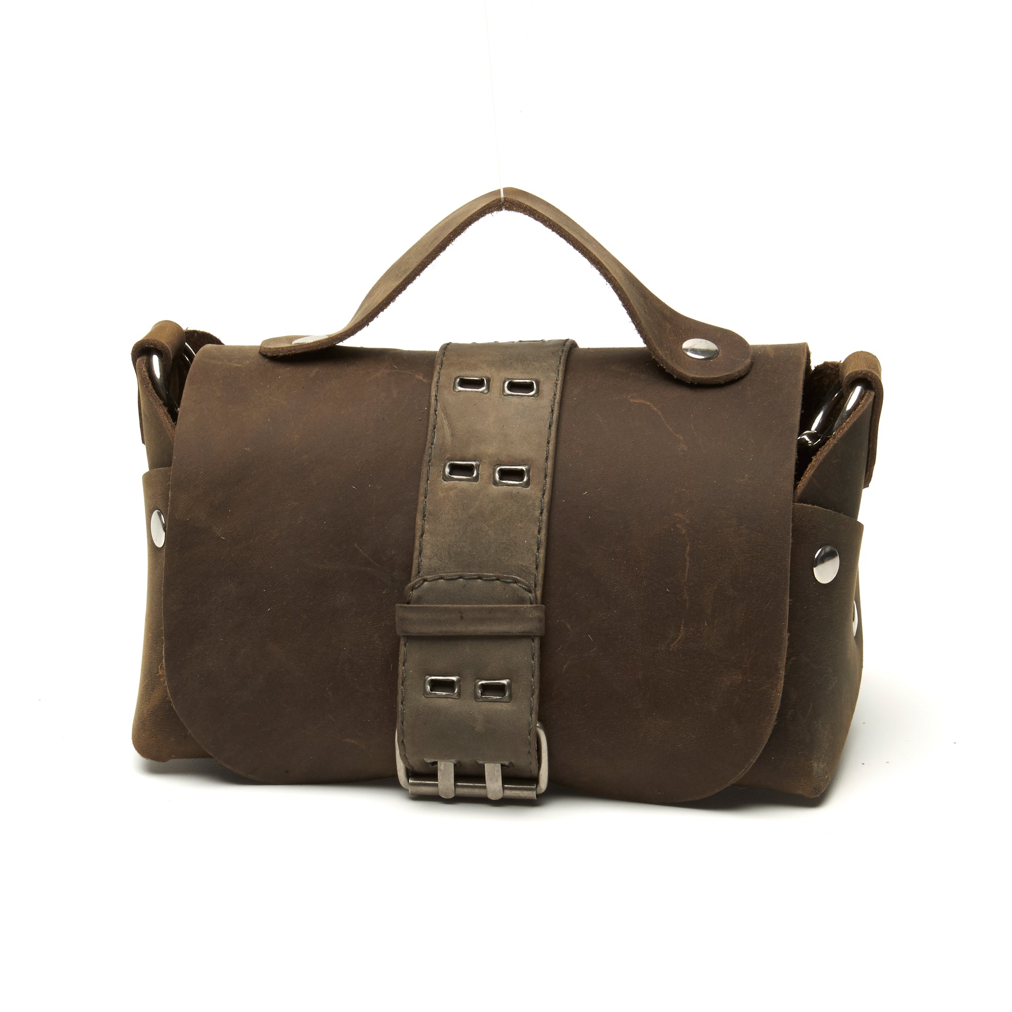 Belted Distressed utility leather lunch box bag by Nyet Jewelry