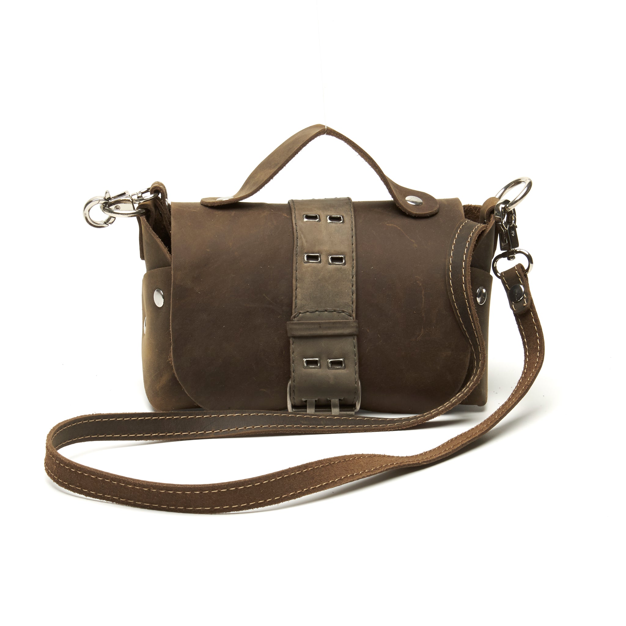 Belted Distressed utility leather lunch box bag by Nyet Jewelry