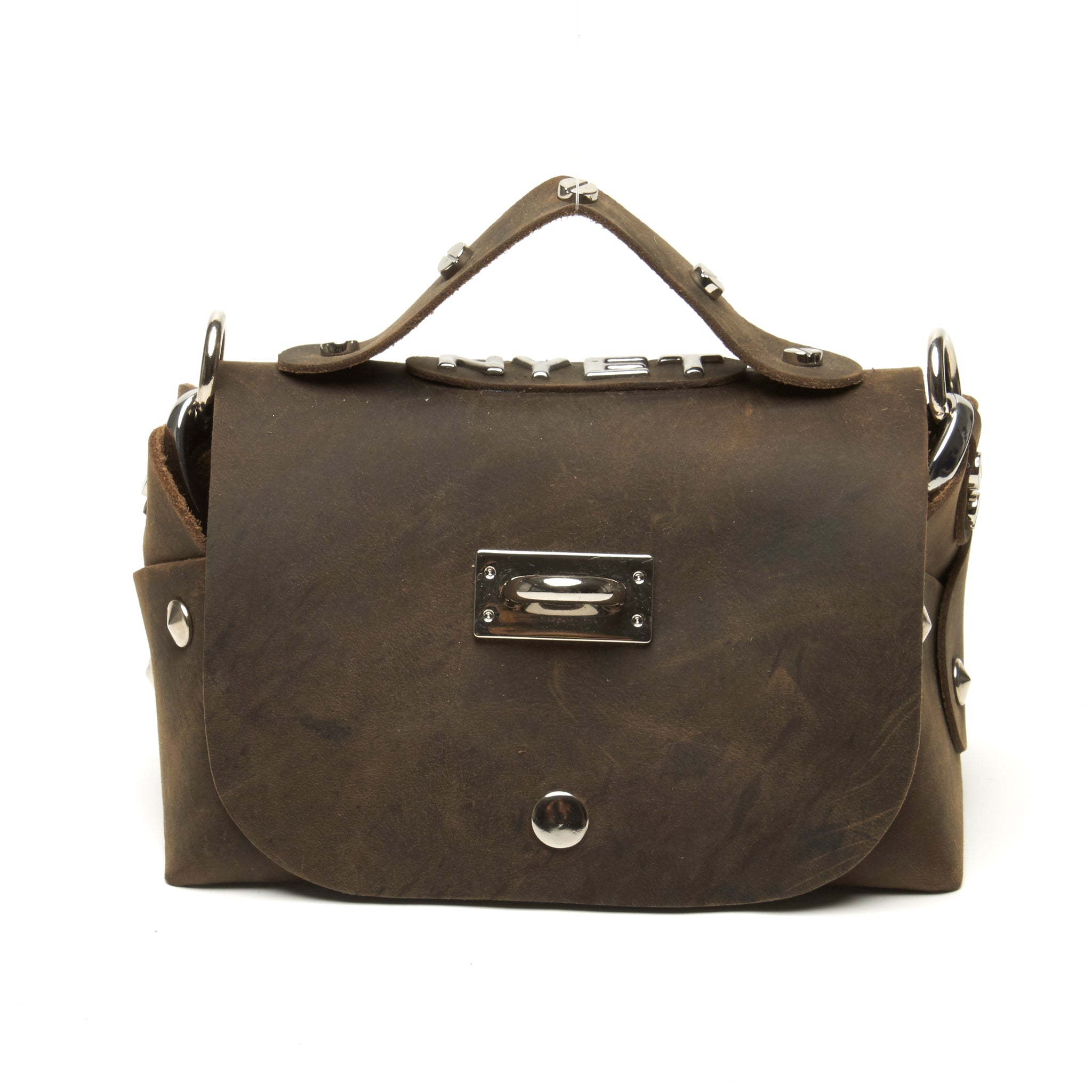 Distressed lunch bag with logo and accent hardware by NYET Jewelry.