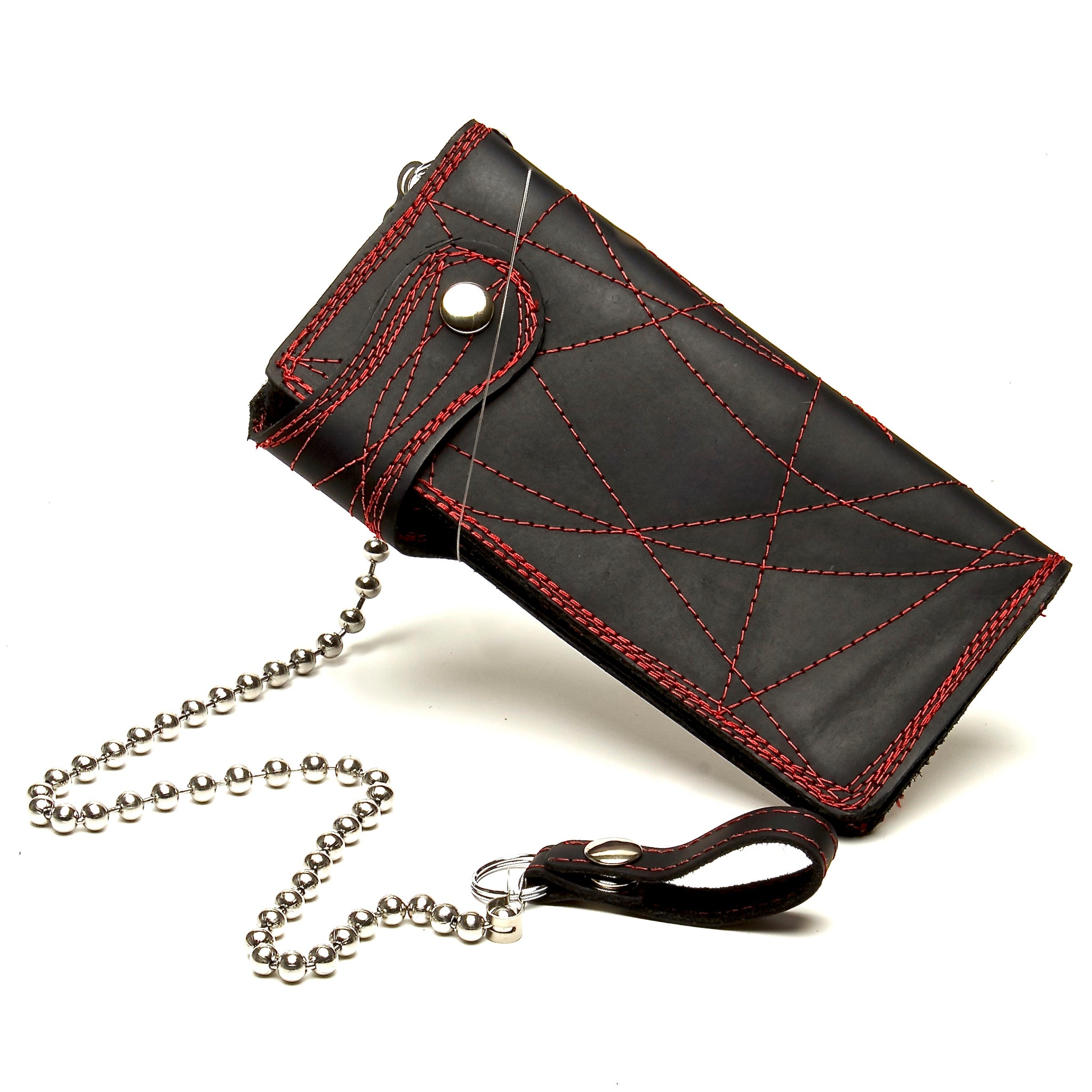 BLACK STONE OILED LEATHER COWHIDE BIKER WALLET WITH RED CONTRASTING STITCHING THROUGHOUT AND MATCHING CHAIN. by nyet jewelry.