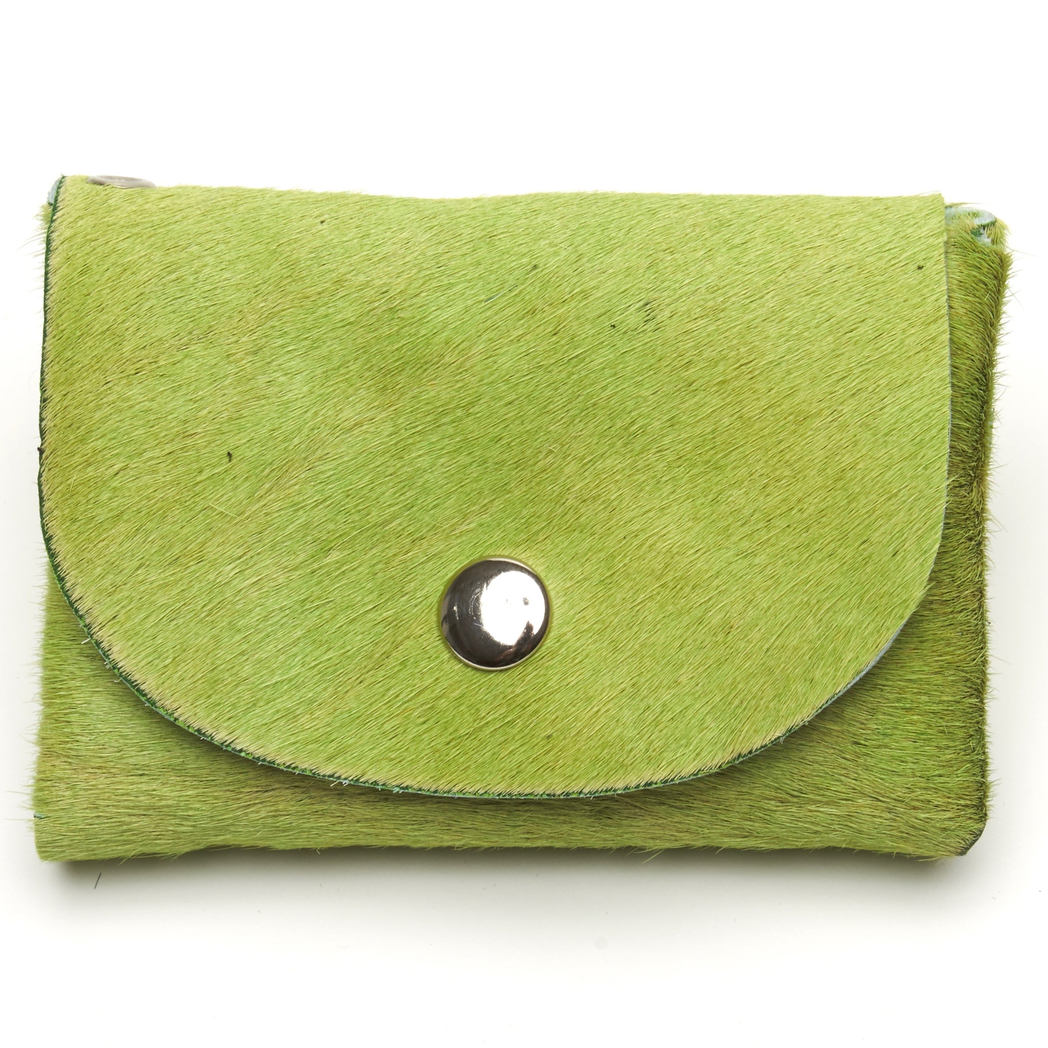 The Essentials wallet green hair-on cowhide with heart-shaped Celtic knot concho. By NYET Jewelry.