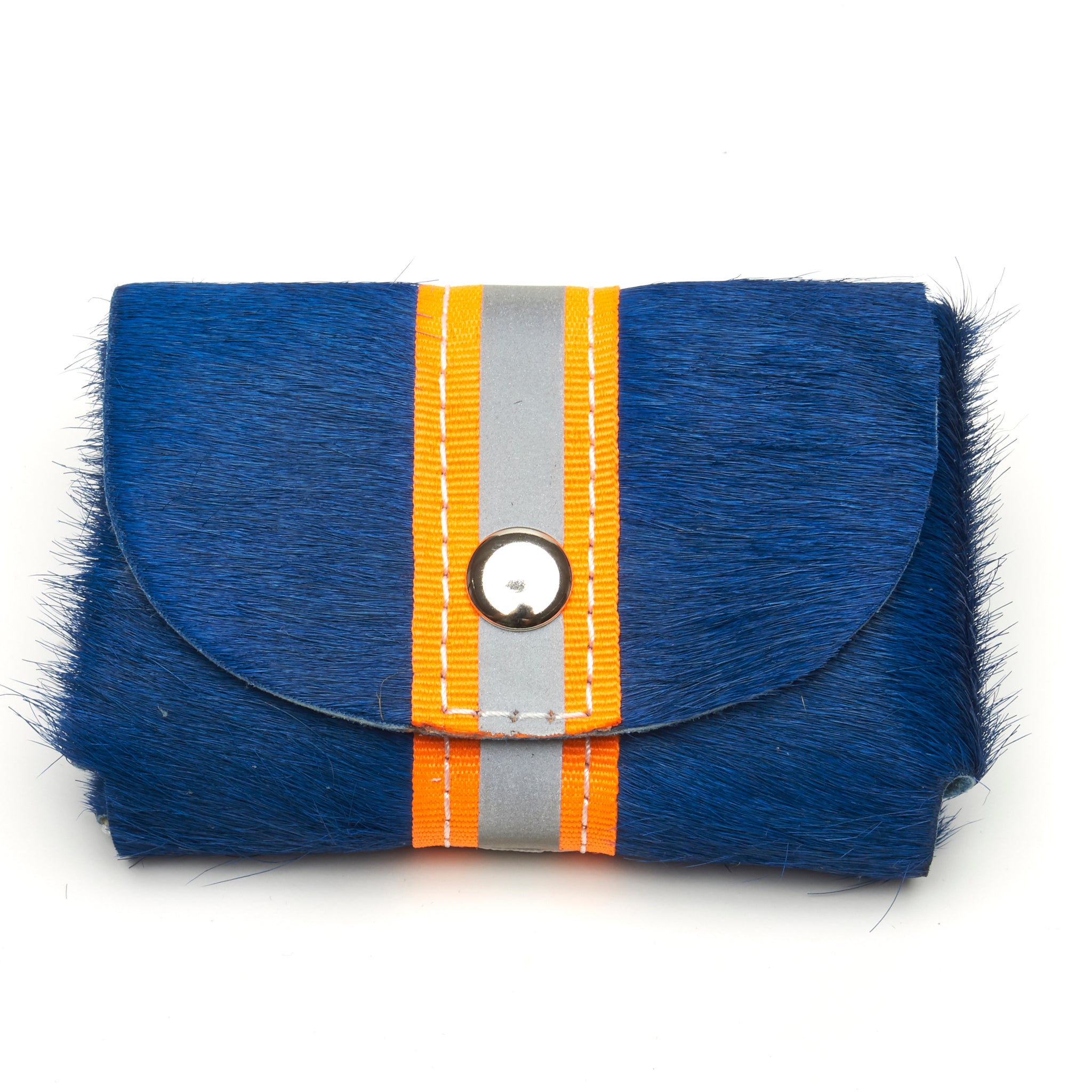COBALT BLUE HAIR-ON COWHIDE 2-COMPARTMENT WALLET WITH SNAP CLOSURE. By NYET Jewelry.