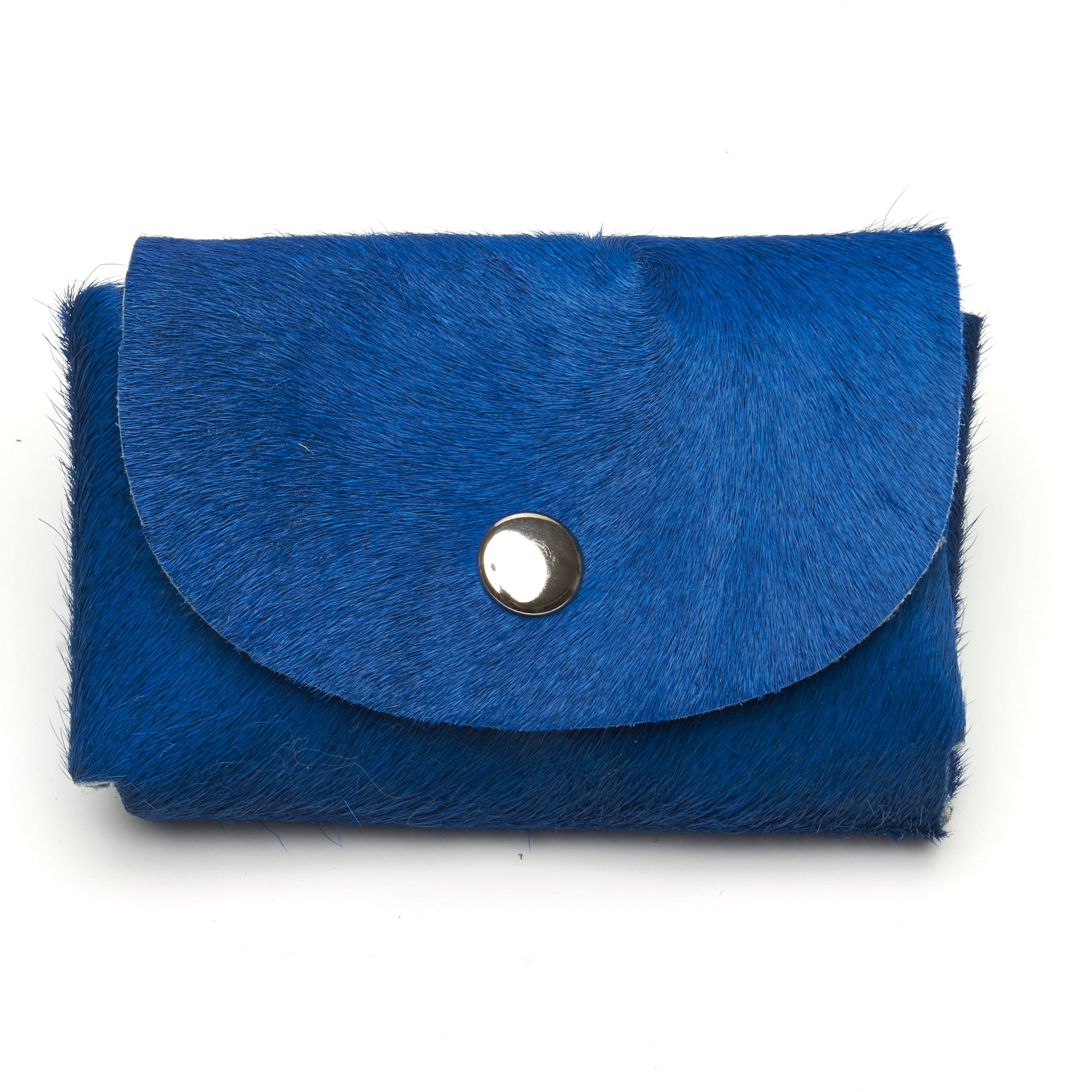 COBALT BLUE HAIR-ON COWHIDE 2-COMPARTMENT WALLET WITH SNAP CLOSURE. by NYET Jewelry.