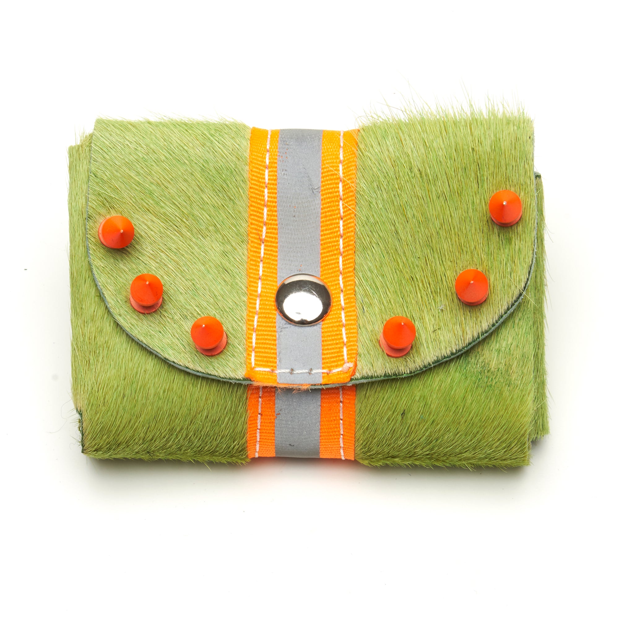 GRASS GREEN HAIR-ON COWHIDE 2-COMPARTMENT WALLET WITH SNAP CLOSURE. By NYET Jewelry.