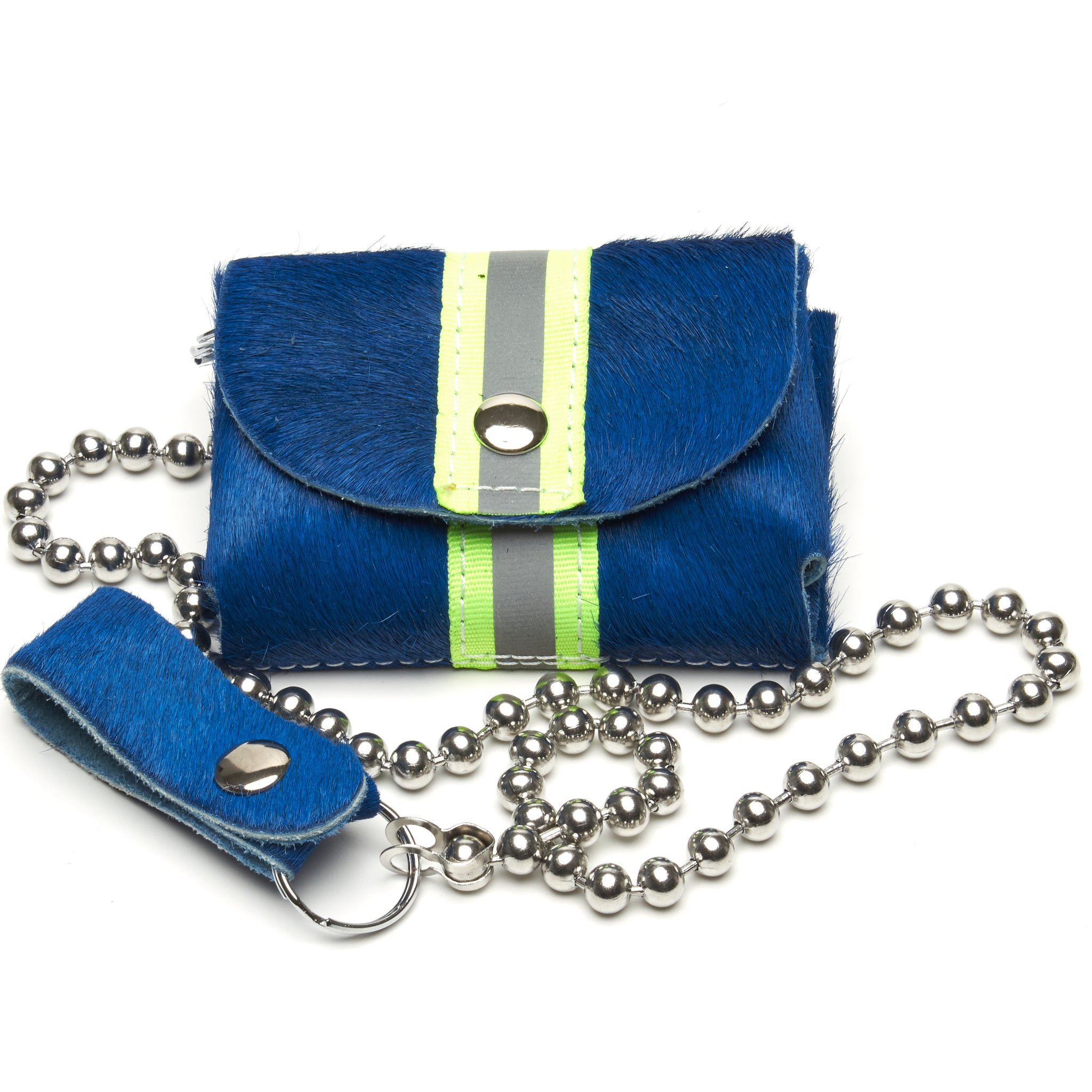 The Essentials wallet cobalt blue hair-on cowhide with neon yellow reflective band