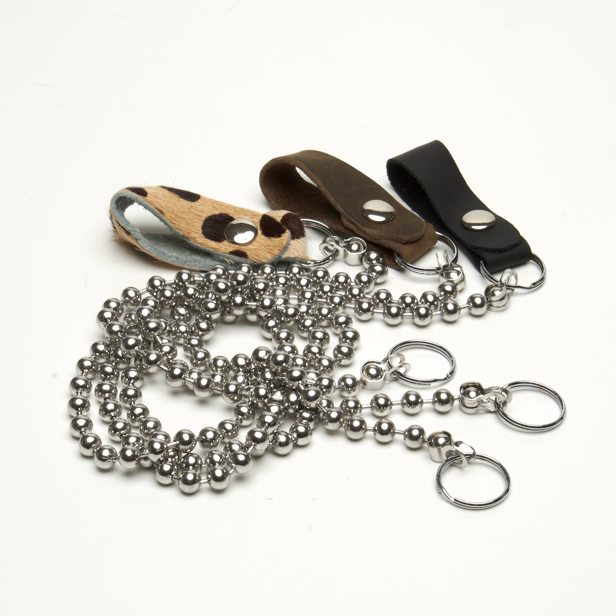 WALLET CHAIN 8 MM STAINLESS STEEL BALL BEADS WITH LEATHER SNAP CLOSURE. By NYET Jewelry.