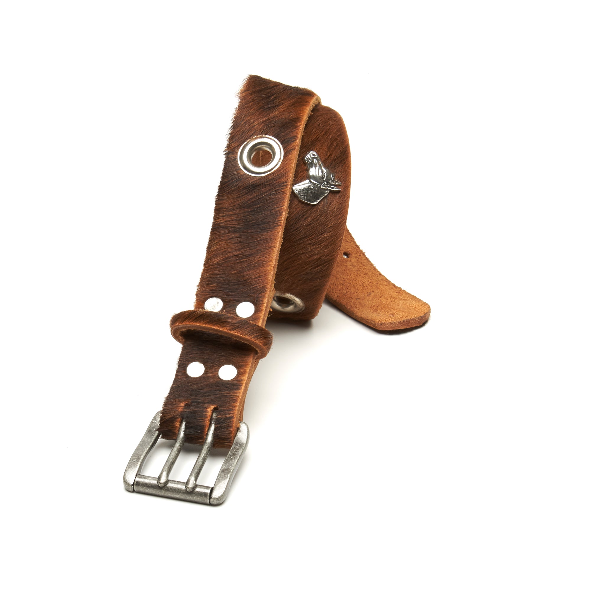 Horse head equestrian hair on cowhide belt by NYET Jewelry.