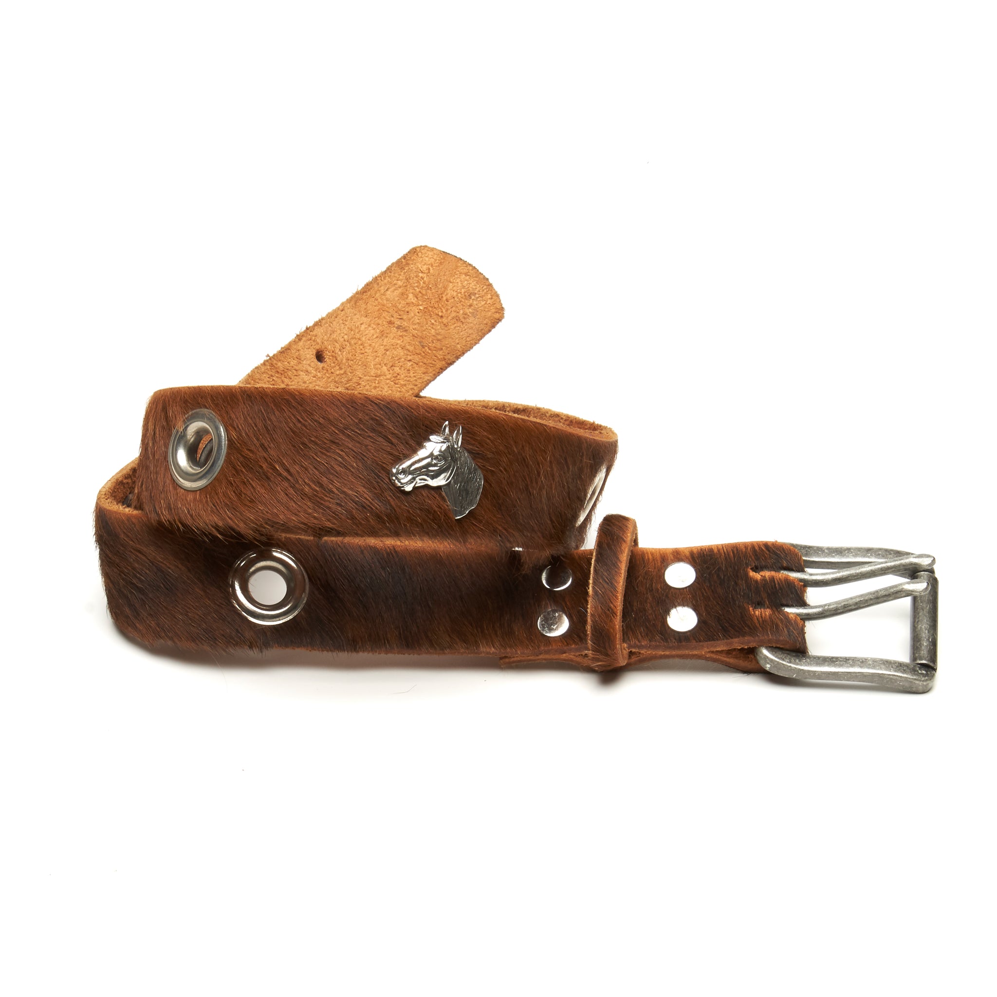 Horse head equestrian hair on cowhide belt by NYET Jewelry.