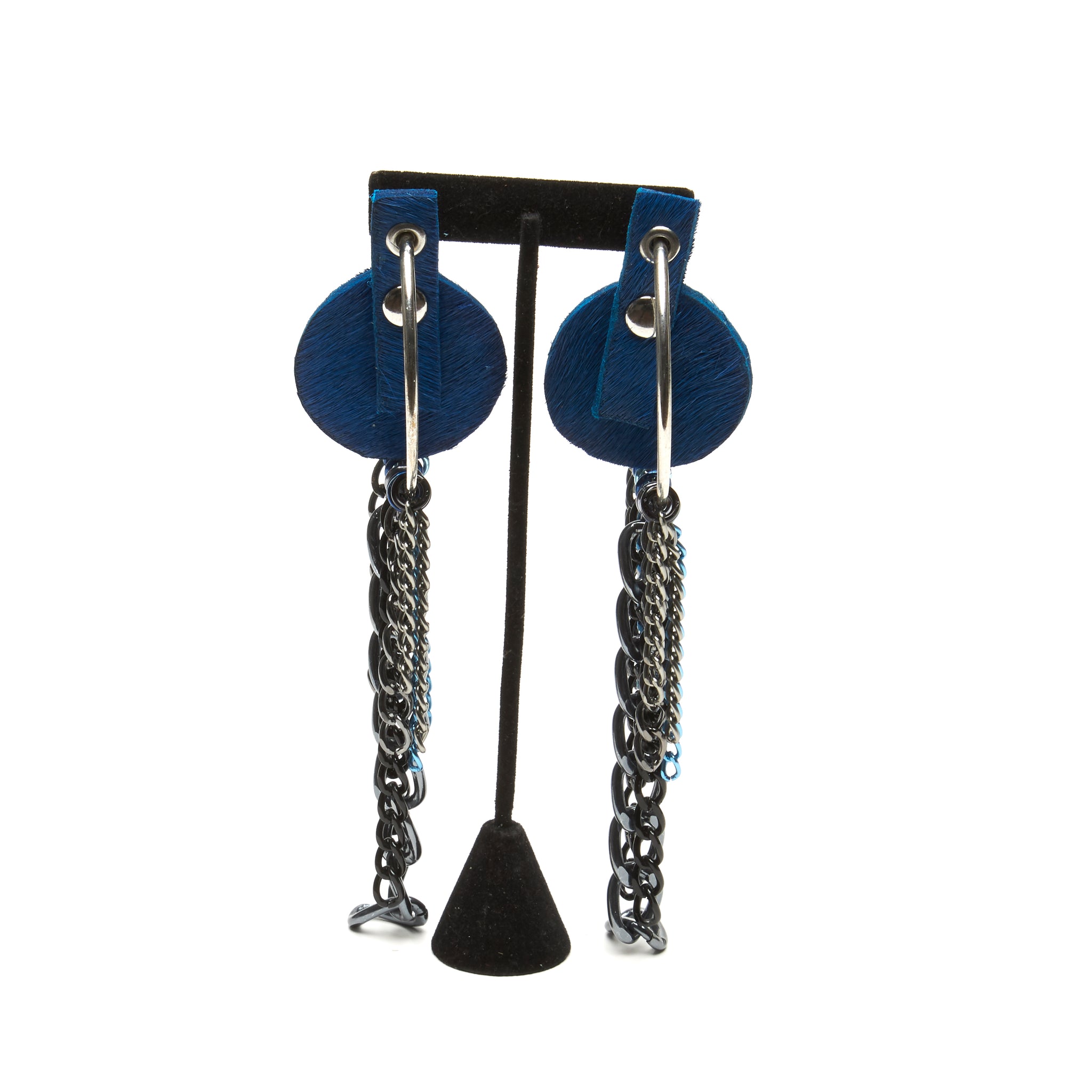 COBALT BLUE HAIR-ON COWHIDE DISC EARRINGS WITH CLUSTER OF CHAINS IN ASSORTED STYLES AND COLORS. by nyet jewelry.
