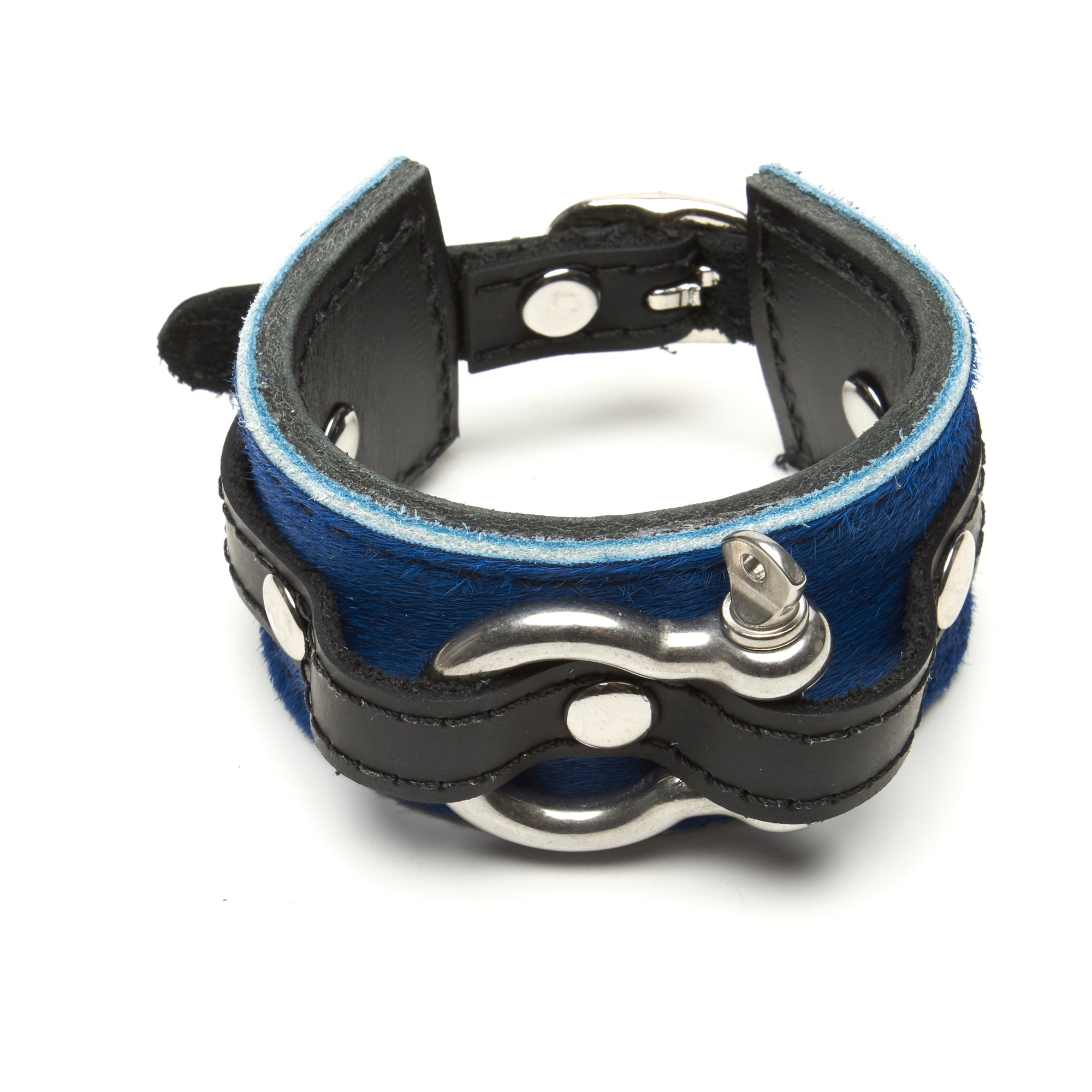 Shackle Latigo cuff Hair On Cowhide Cobalt Blue by NYET Jewelry.