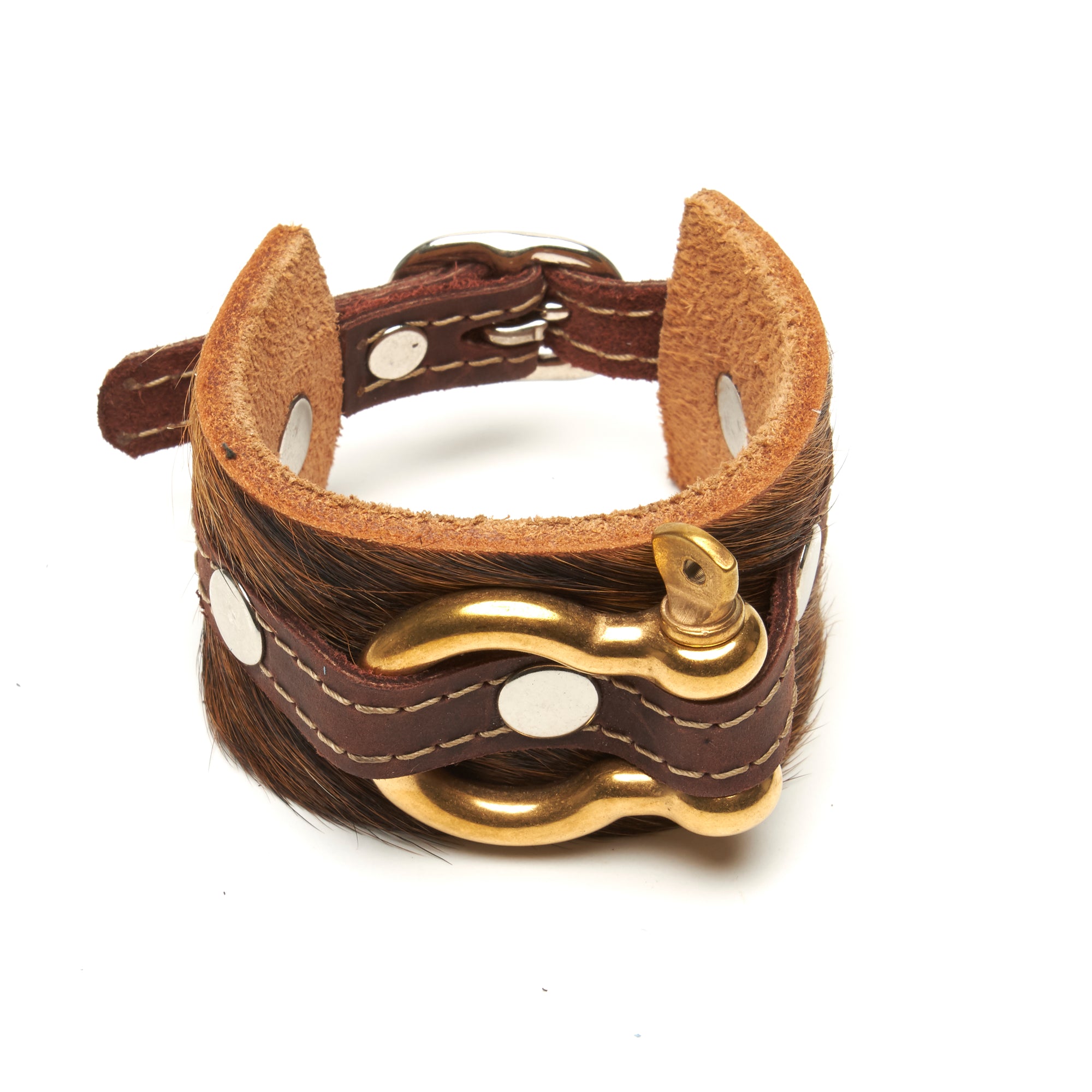 Shackle Latigo cuff Hair On Cowhide by NYET Jewelry.