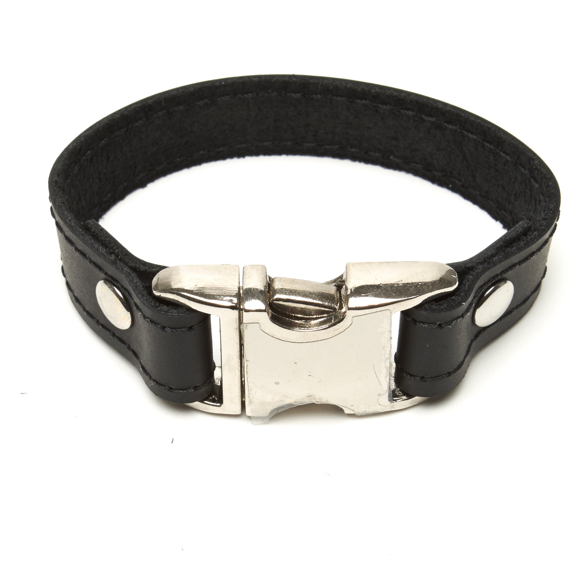 Distressed leather bracelet with side squeeze aluminum buckle