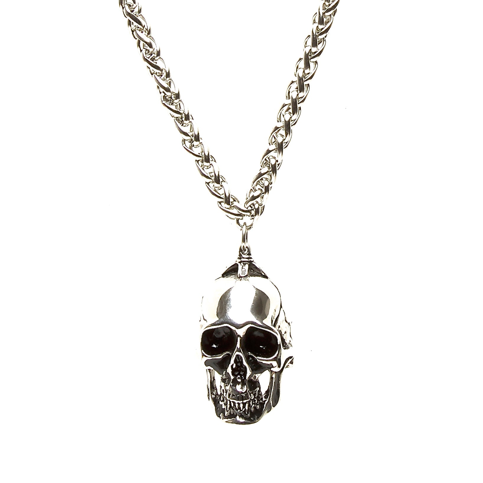 ROUND STAINLESS STEEL CHAIN NECKLACE WITH HEAVYWEIGHT SKULL PENDANT. by nyet jewelry.