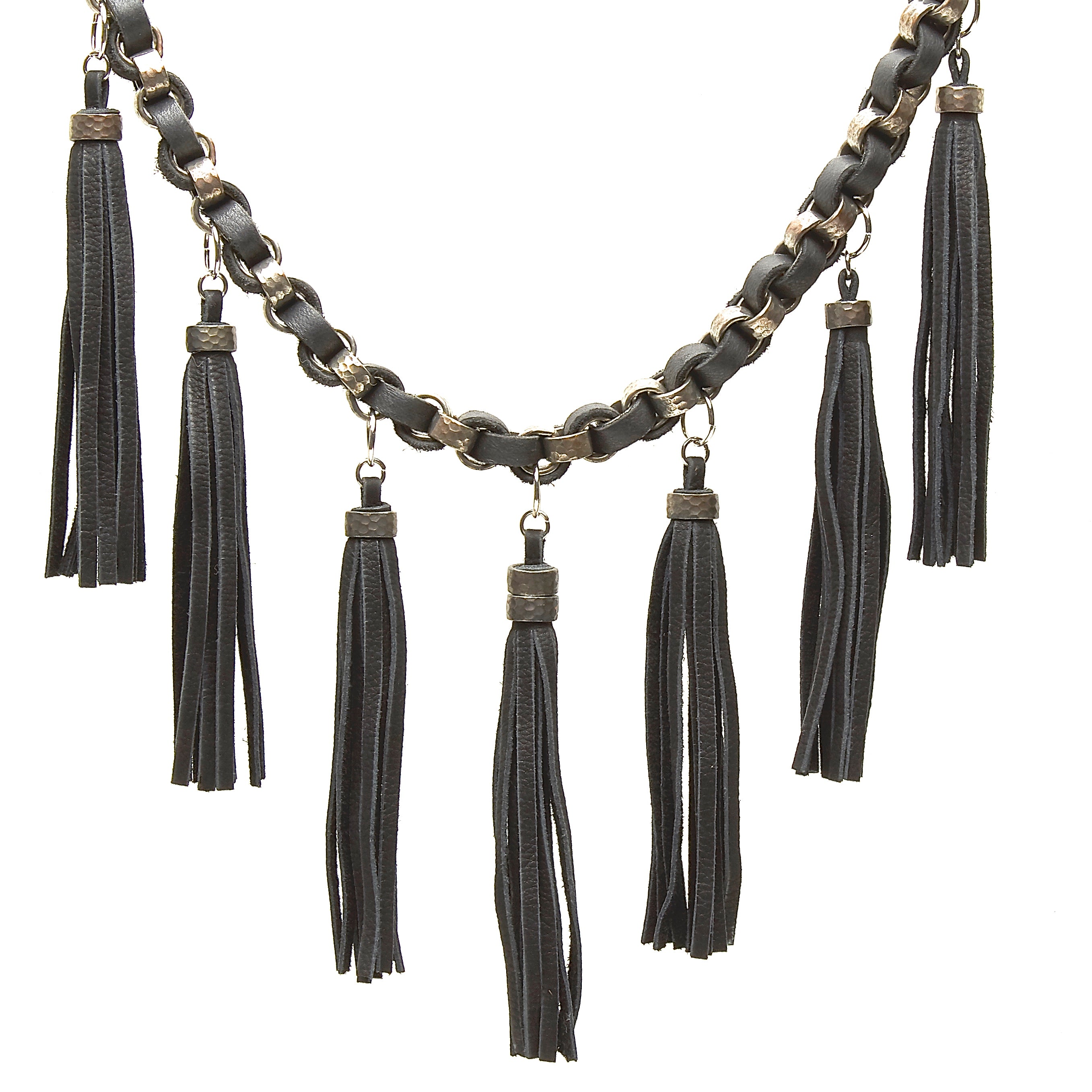 HAMMERED STEEL CHAIN AND DEERSKIN LEATHER WITH TASSELS by nyet jewelry.