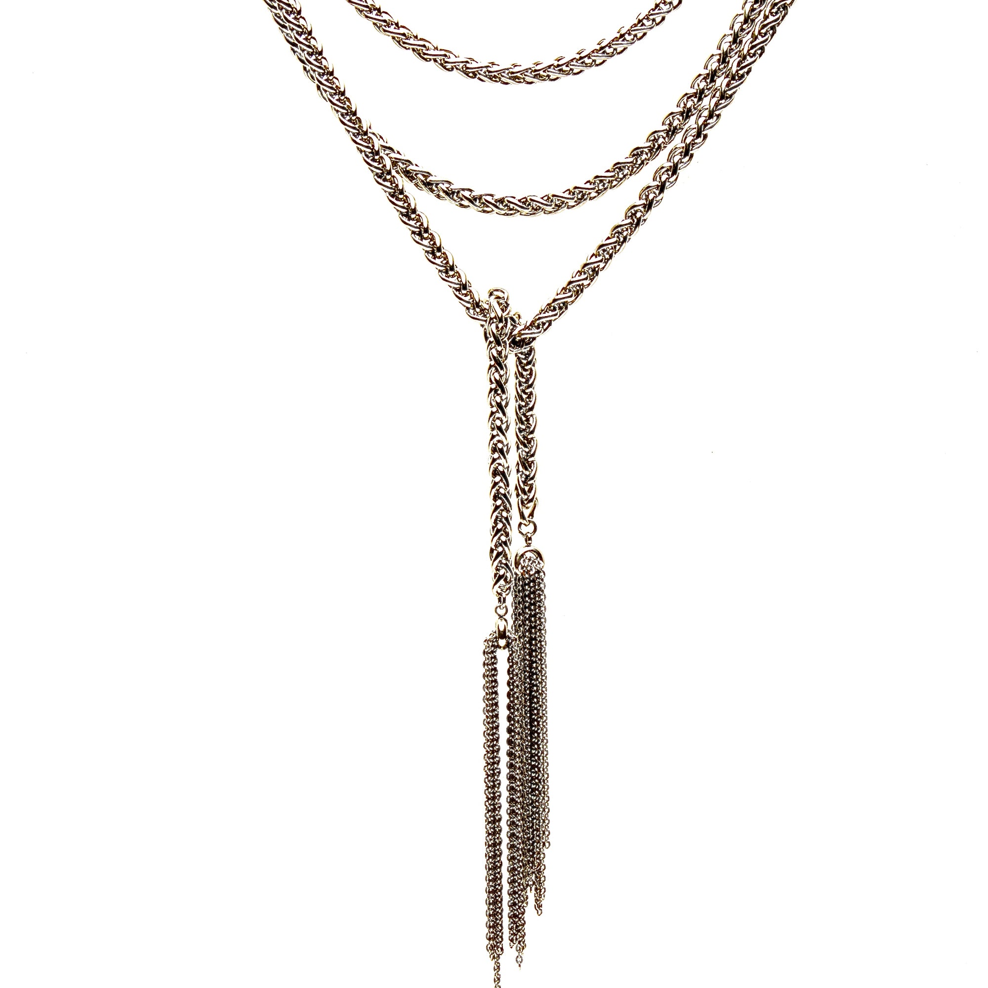 EXTRA LONG STAINLESS STEEL LARIAT NECKLACE WITH CHAIN TASSELS. by NYET Jewelry.