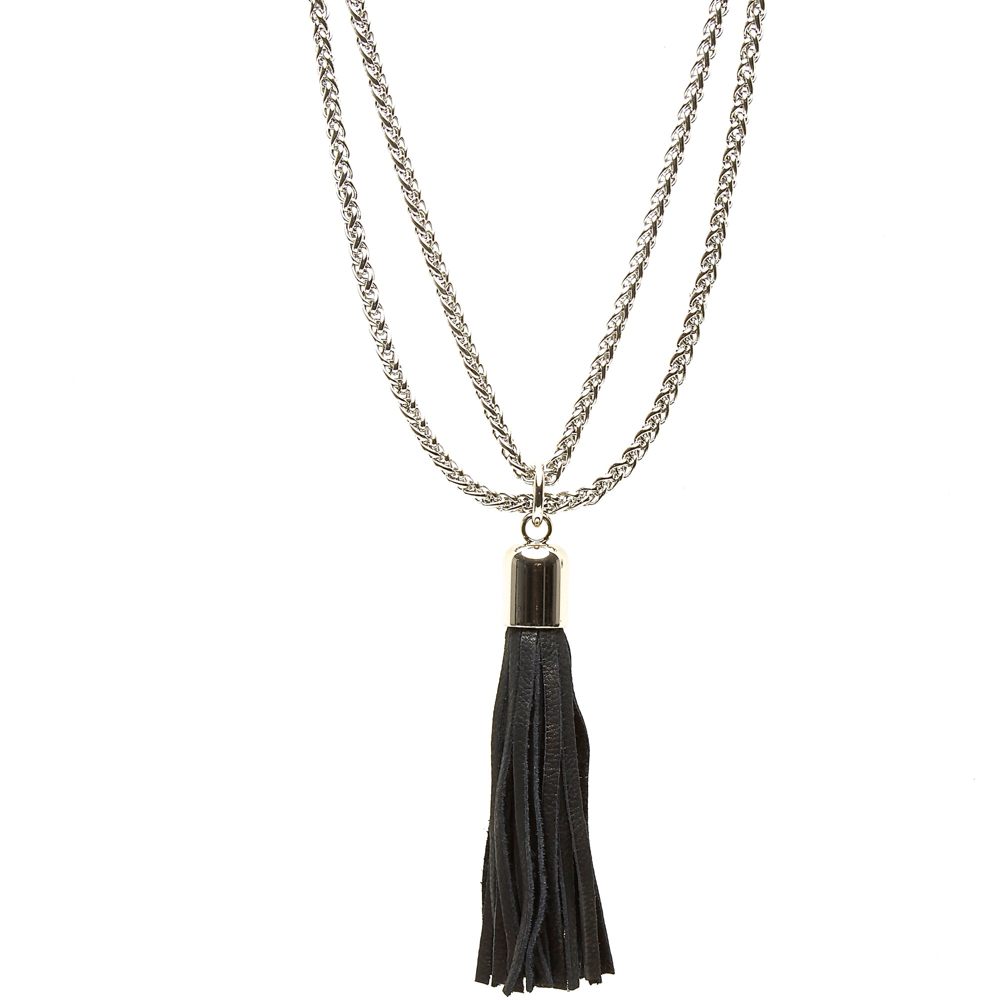 STAINLESS STEEL CHAINS AND LARGE DEERSKIN LEATHER TASSEL NECKLACE  by nyet jewelry.