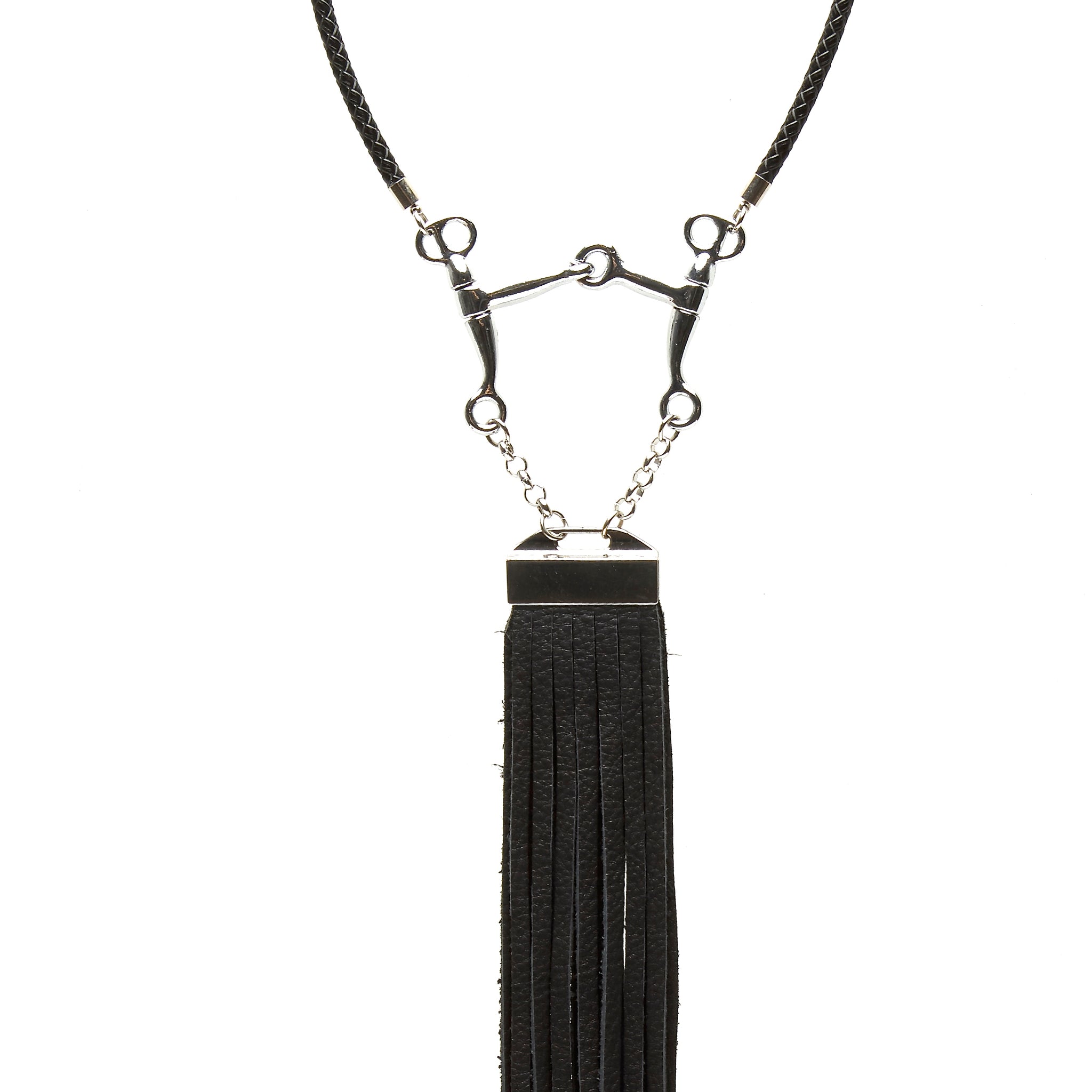 BRAIDED LEATHER CHOKER NECKLACE WITH PELHAM HORSE BIT PENDANT AND LONG DEERSKIN LEATHER FRINGE