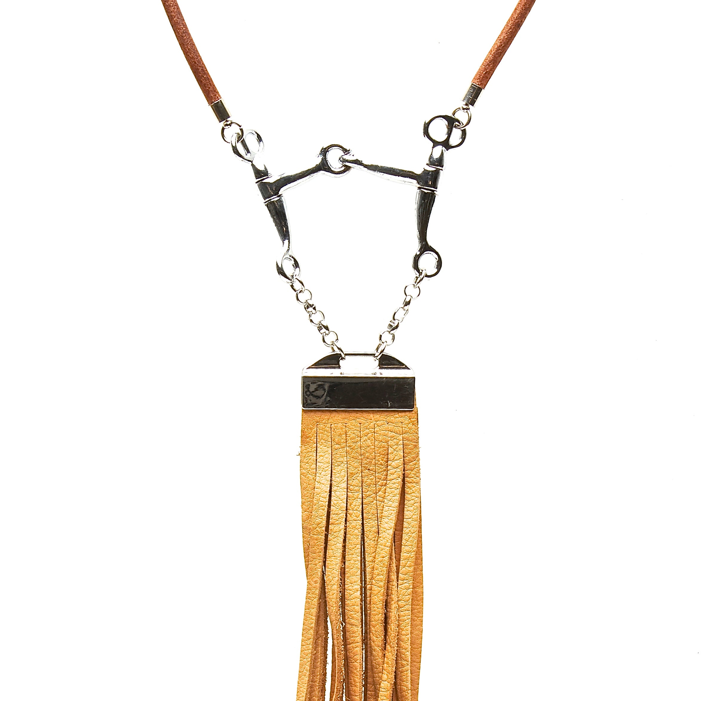 TAN LEATHER CHOKER NECKLACE WITH PELHAM HORSE BIT PENDANT AND LONG DEERSKIN LEATHER FRINGE by nyet jewelry.