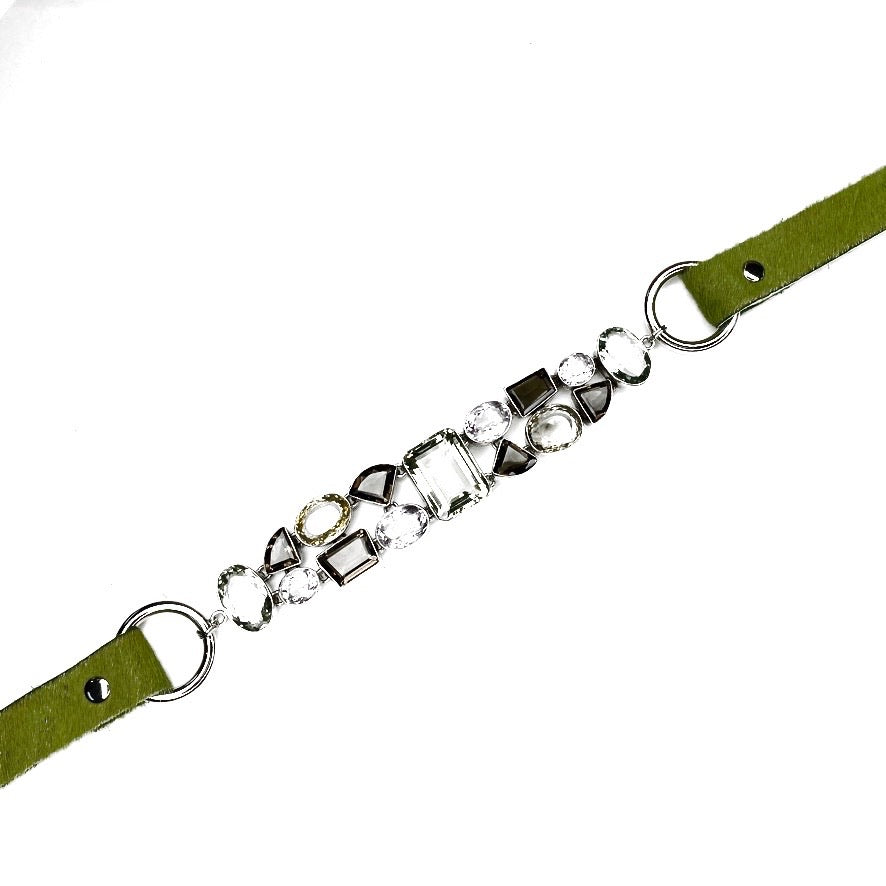 BAROQUE BRACELET SILVER WITH LARGE FACETED GEMSTONES MOUNTED ON A GREEN HAIR-ON WRAPAROUND BRACELET. by nyet jewelry