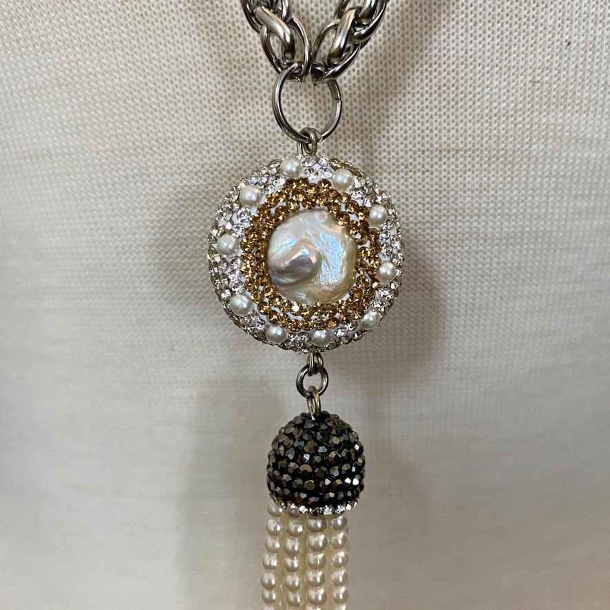 LONG LARIAT MADE OF BRAIDED 6MM STAINLESS STEEL CHAIN WITH PAVE CRYSTAL-AND-PEARL BEADS AND PEARL TASSEL.by NYET Jewelry