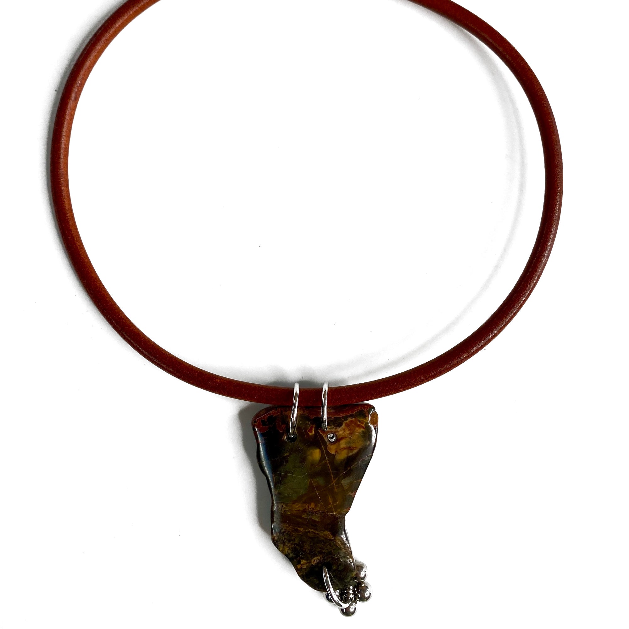 5 MM ROUND LEATHER NECKLACE WITH POLISHED STONE PENDENT AND STAINLESS STEEL BEADS. by nyet jewelry