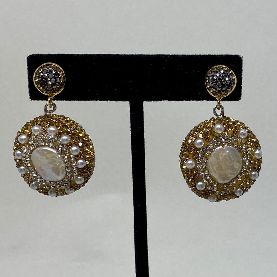 PAVE CRYSTAL-AND-PEARL BEADS EARRINGS. by NYET Jewelry
