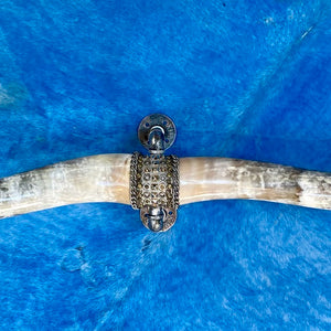MOUNTED TEXAS LONGHORN STEER HORNS WITH METAL ADORNMENTS AND CHAINS by NYET Jewelry.