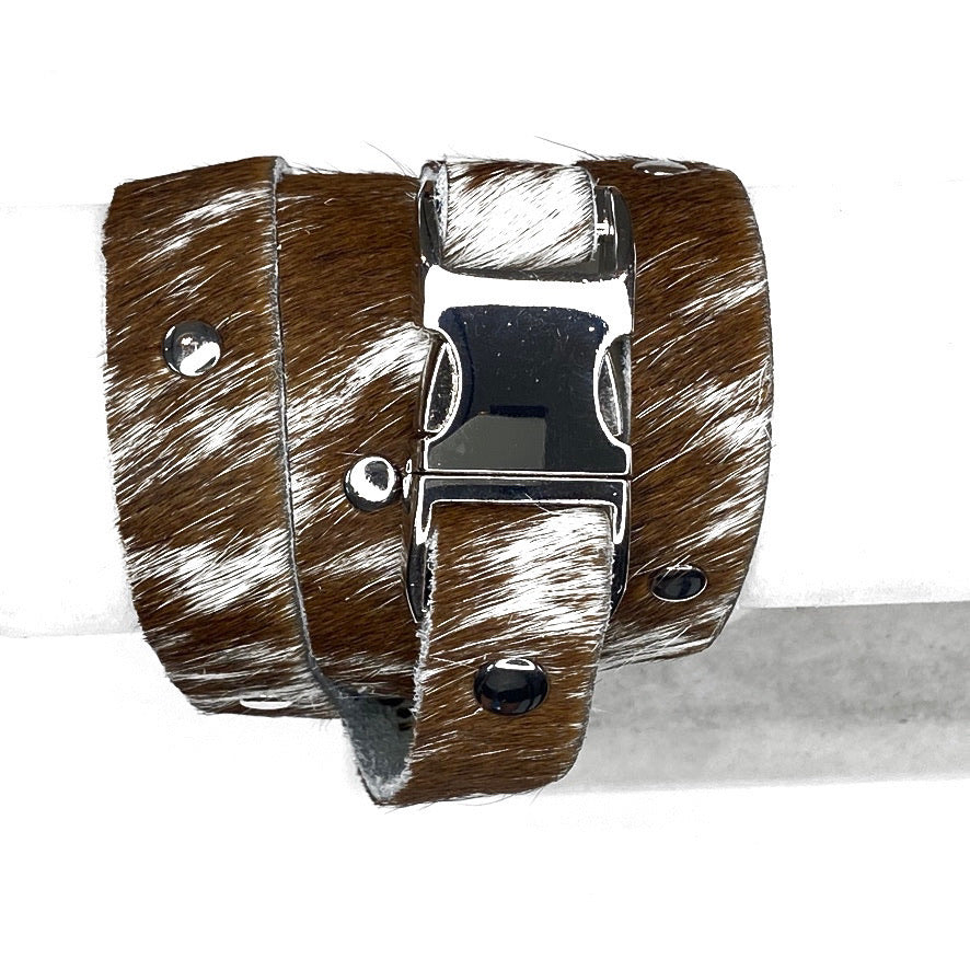 ADJUSTABLE HAIR-ON COWHIDE LEATHER BRACELET WITH 5/8 ALUMINUM SIDE SQUEEZE BUCKLE. by NYET jewelry