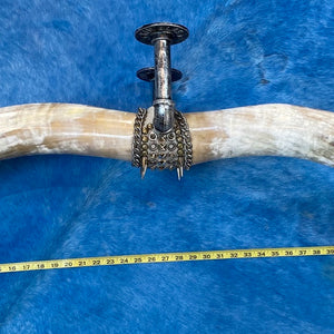 MOUNTED TEXAS LONGHORN STEER HORNS WITH METAL ADORNMENTS AND CHAINS by NYET Jewelry.