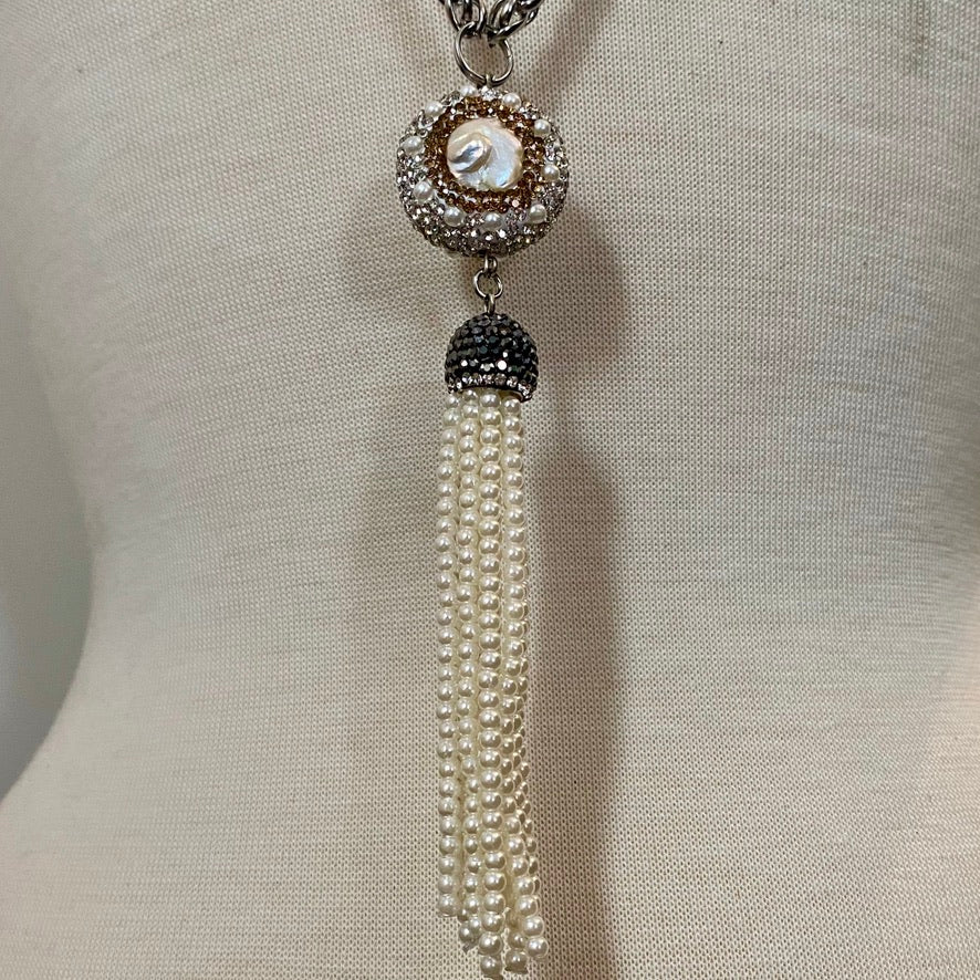 LONG LARIAT MADE OF BRAIDED 6MM STAINLESS STEEL CHAIN WITH PAVE CRYSTAL-AND-PEARL BEADS AND PEARL TASSEL.by NYET Jewelry