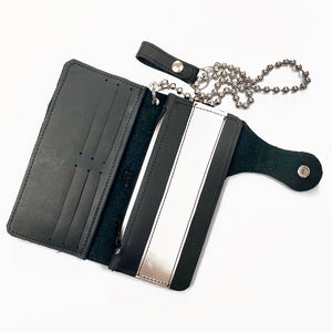 BLACK STONE OILED LEATHER COWHIDE BIKER WALLET WITH SILVER RACING STRIPES AND MATCHING CHAIN. by NYET Jewelry.