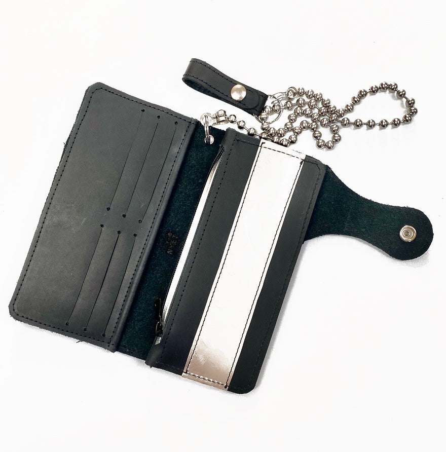 BLACK STONE OILED LEATHER COWHIDE BIKER WALLET WITH SILVER RACING STRIPES AND MATCHING CHAIN. by NYET Jewelry.