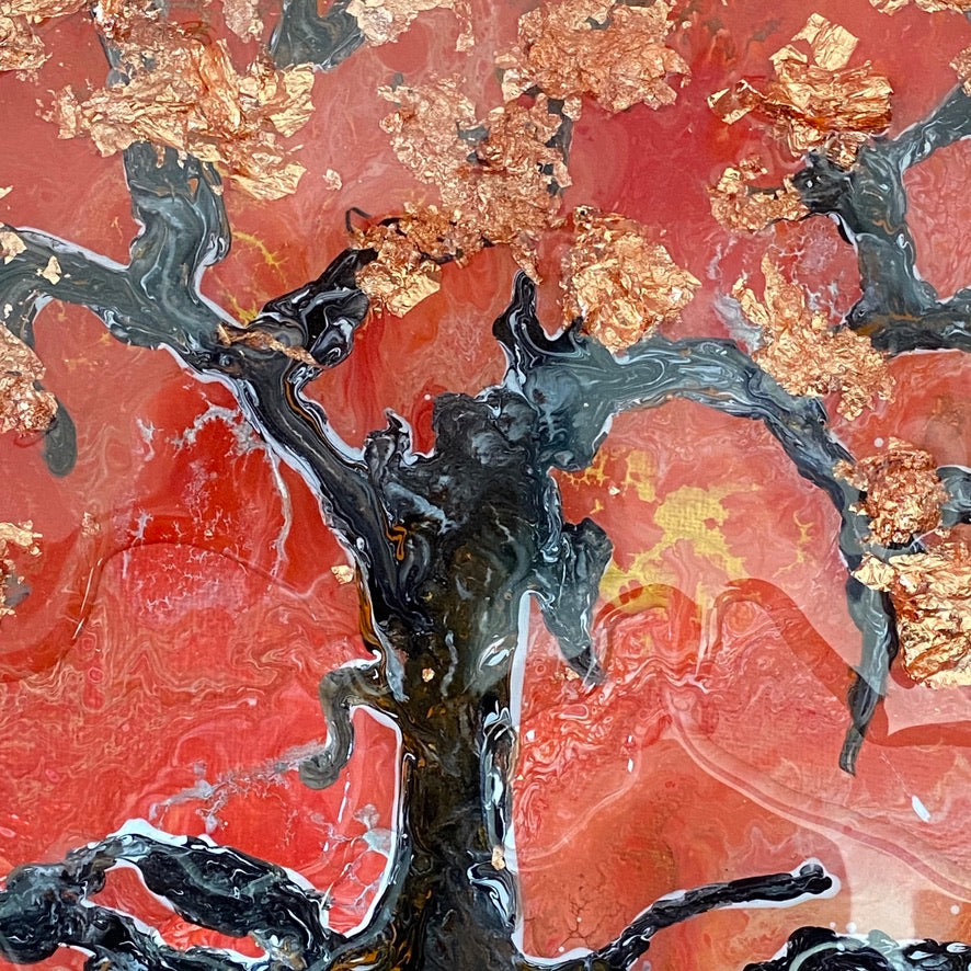 Cherry blossom tree in a bushfire acrylic painting by D pontvieux close up