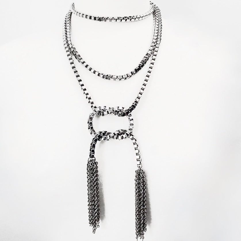 EXTRA LONG STAINLESS STEEL LARIAT NECKLACE WITH CHAIN TASSELS. by NYET Jewelry.  Edit alt text