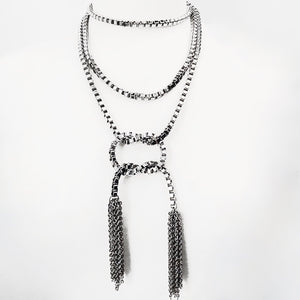 EXTRA LONG STAINLESS STEEL LARIAT NECKLACE WITH CHAIN TASSELS. by NYET Jewelry.  Edit alt text