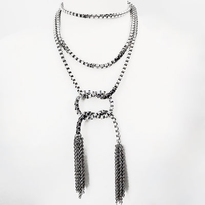 EXTRA LONG STAINLESS STEEL LARIAT NECKLACE WITH CHAIN TASSELS. by NYET Jewelry.  Edit alt text