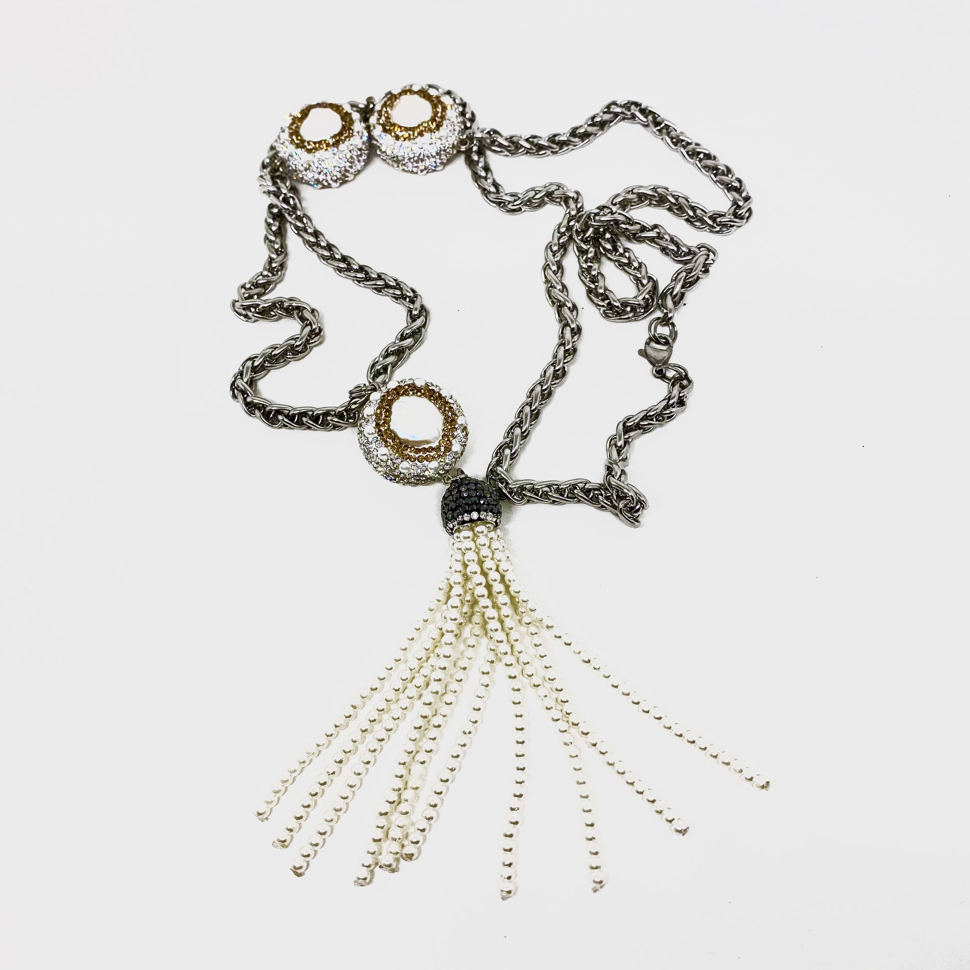 LONG LARIAT MADE OF BRAIDED 6MM STAINLESS STEEL CHAIN WITH PAVE CRYSTAL-AND-PEARL BEADS AND PEARL TASSEL.by NYET Jewelry  Edit alt text