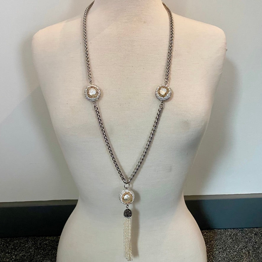 LONG LARIAT MADE OF BRAIDED 6MM STAINLESS STEEL CHAIN WITH PAVE CRYSTAL-AND-PEARL BEADS AND PEARL TASSEL.by NYET Jewelry