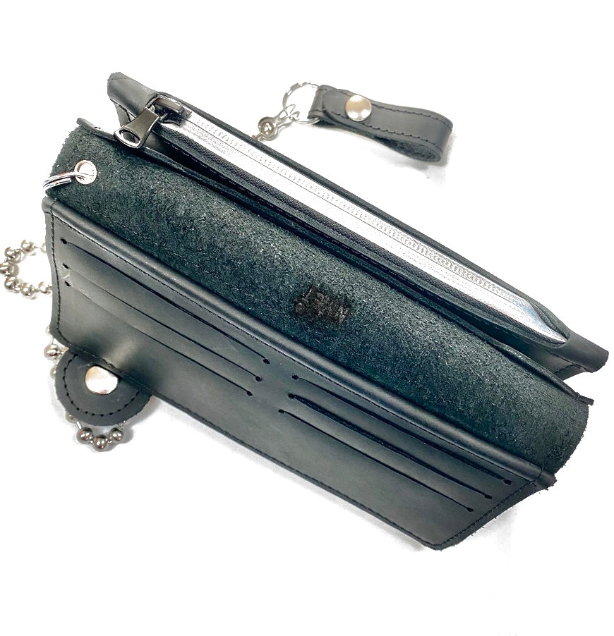 BLACK STONE OILED LEATHER COWHIDE BIKER WALLET WITH SILVER RACING STRIPES AND MATCHING CHAIN. by NYET Jewelry.