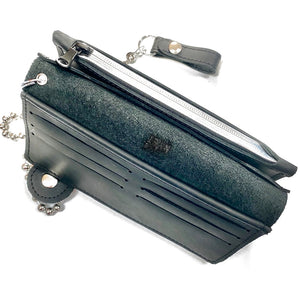BLACK STONE OILED LEATHER COWHIDE BIKER WALLET WITH SILVER RACING STRIPES AND MATCHING CHAIN. by NYET Jewelry.