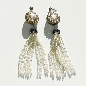 PAVE CRYSTAL-AND-PEARL BEADS WITH PEARL TASSEL EARRINGS. by nyet jewelry