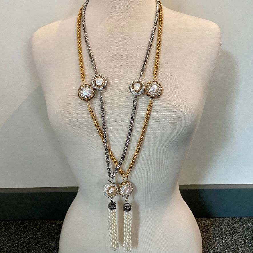 LONG LARIAT MADE OF BRAIDED 6MM STAINLESS STEEL CHAIN WITH PAVE CRYSTAL-AND-PEARL BEADS AND PEARL TASSEL.by NYET Jewelry