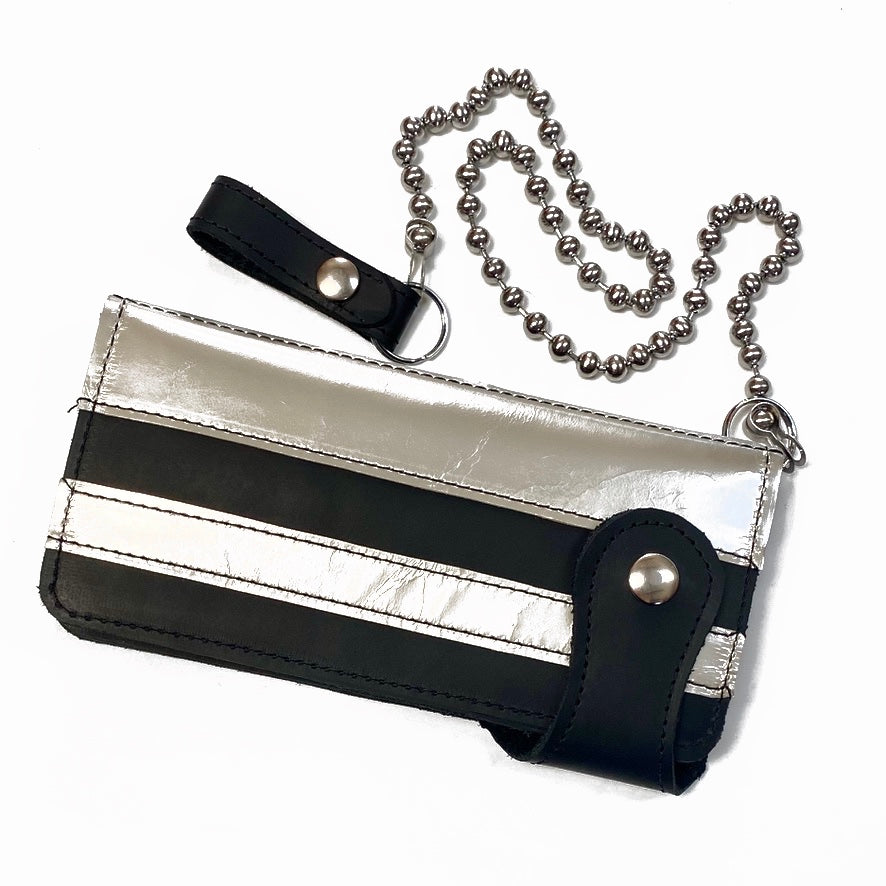 BLACK STONE OILED LEATHER COWHIDE BIKER WALLET WITH SILVER RACING STRIPES AND MATCHING CHAIN. by NYET Jewelry.