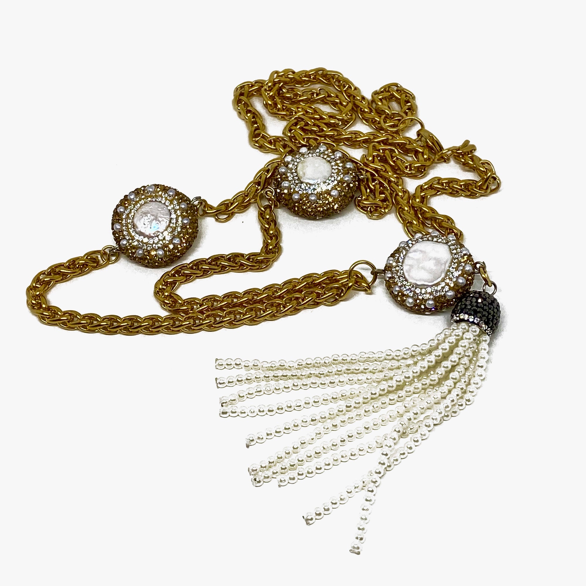 LONG LARIAT MADE OF BRAIDED 6MM STAINLESS STEEL CHAIN WITH PAVE CRYSTAL-AND-PEARL BEADS AND PEARL TASSEL.by NYET Jewelry  Edit alt text