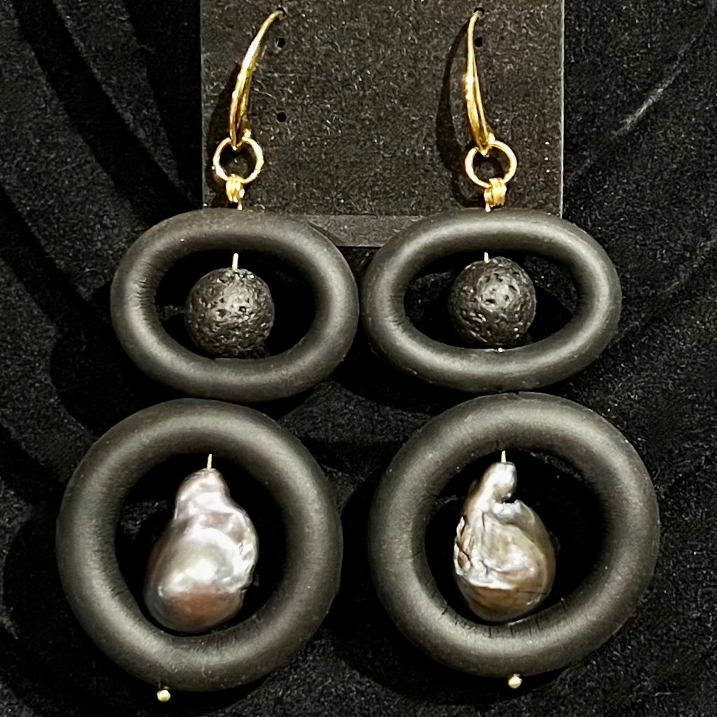 Baroque Pearl and Lava Stones Earrings