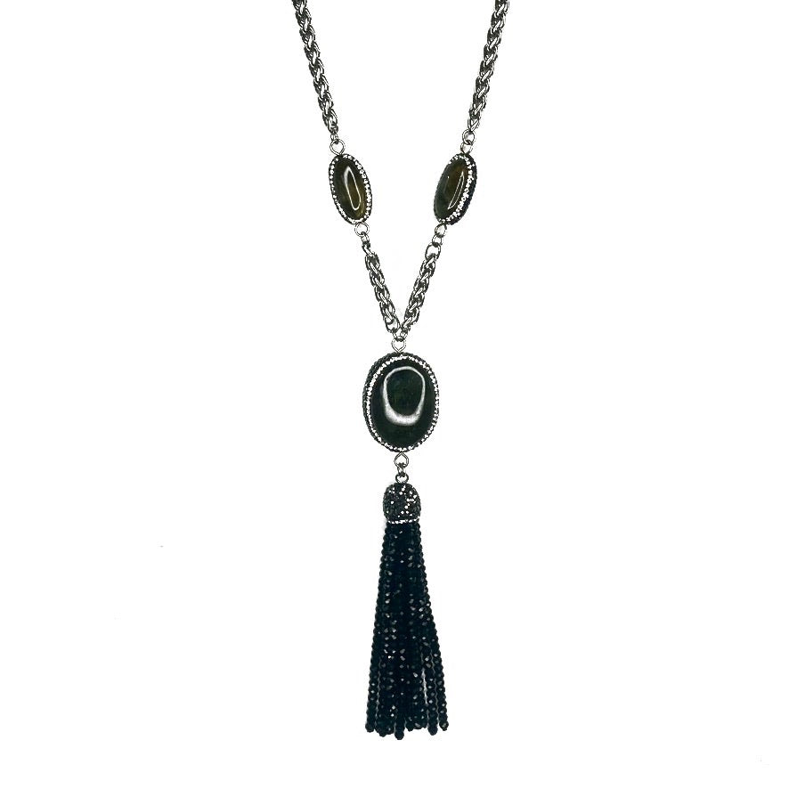 LONG STAINLESS STEEL LARIAT NECKLACE ADORNED WITH LABRADORITE STONES W/ PAVE RHINESTONES AND BLACK CRYSTALS TASSEL.  by nyet jewelry