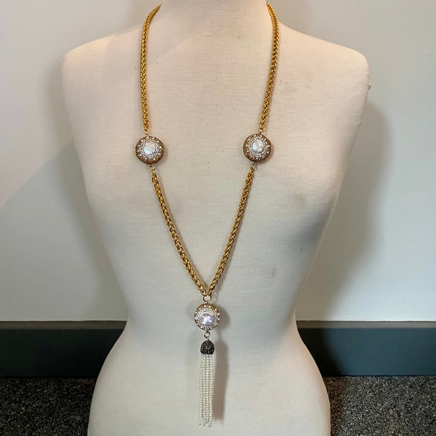 LONG LARIAT MADE OF BRAIDED 6MM STAINLESS STEEL CHAIN WITH PAVE CRYSTAL-AND-PEARL BEADS AND PEARL TASSEL.by NYET Jewelry